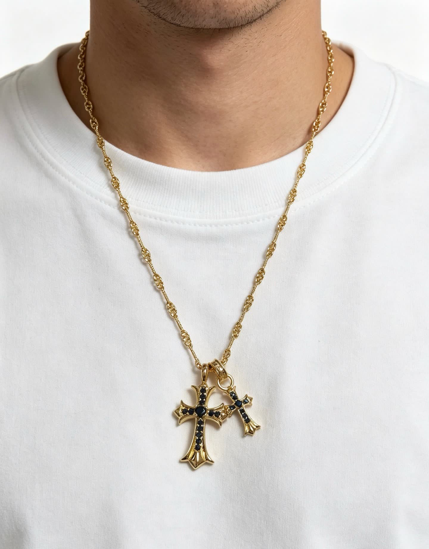 Chrome Hearts Gold Cross Pendant Necklace with Black Stones